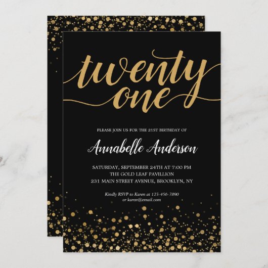 Invitation 21e Anniversaire Noir moderne Confetti Script (Devant / Derrière)