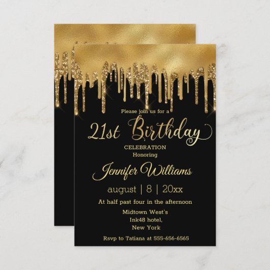 Invitation 21e anniversaire noir or goutte à goutte parties s (Devant / Derrière)