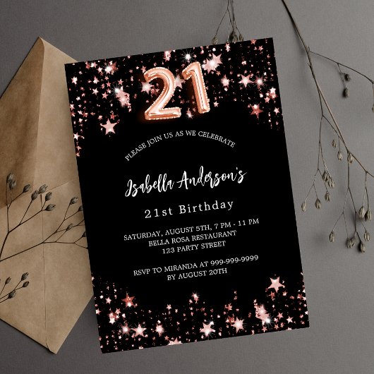 Invitation 21e anniversaire noir rose or étoiles luxe