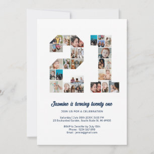 Invitation 21e anniversaire Numéro 21 Photo personnalisée Col