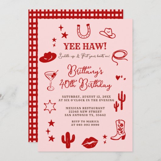 Invitation 21e Anniversaire Occidental Pink Red Cowgirl (Devant / Derrière)