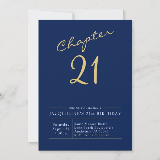 Invitation 21e Anniversaire Or Script moderne bleu (Devant)