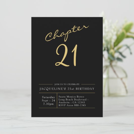 Invitation 21e Anniversaire Or Script moderne Noir (Debout devant)