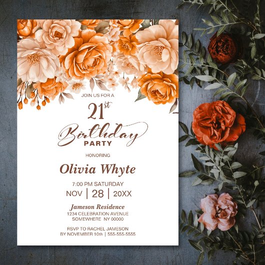 Invitation 21e anniversaire Orange Rose Floral Party