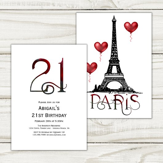 Invitation 21e anniversaire Paris, Tour Eiffel, Ballons rouge
