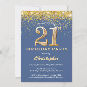 Invitation 21e anniversaire Parties scintillant bleue et or C
