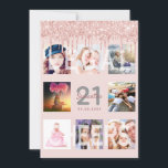 Invitation 21e anniversaire parties scintillant goutte-à-gout<br><div class="desc">Une invitation pour une fête de 21ème anniversaire amusante, glamour et unique, célébrant sa vie avec un collage de 8 de vos photos. Sur le devant : Personnalisez et ajoutez un nom, 21 ans et la date du parti. Lettres gris et rose foncé de couleur or. Elégante et tendance couleur...</div>