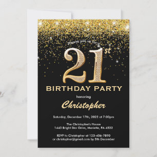 Invitation 21e anniversaire Parties scintillant Noir et Or Co