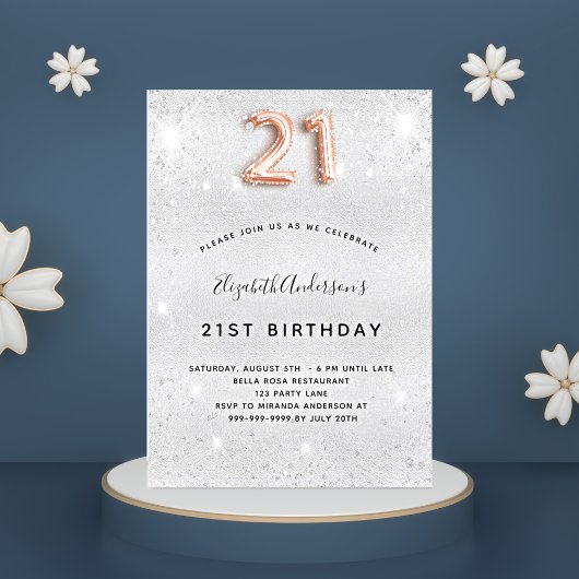 Invitation 21e anniversaire parties scintillant or argent