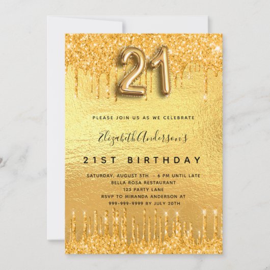Invitation 21e anniversaire parties scintillant or gouttes (Devant)
