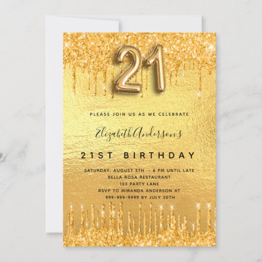 Invitation 21e anniversaire parties scintillant or gouttes (Devant)