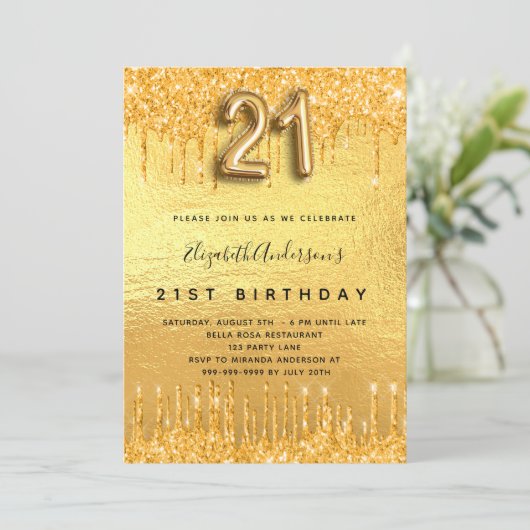 Invitation 21e anniversaire parties scintillant or gouttes (Debout devant)