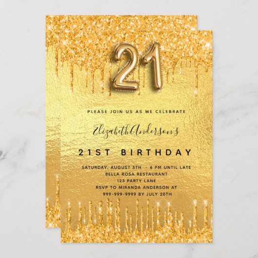 Invitation 21e anniversaire parties scintillant or gouttes (Devant / Derrière)