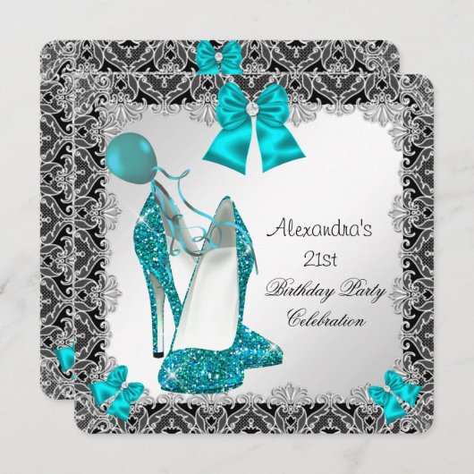 Invitation 21e anniversaire Parties scintillant Turquoise Ble (Devant / Derrière)