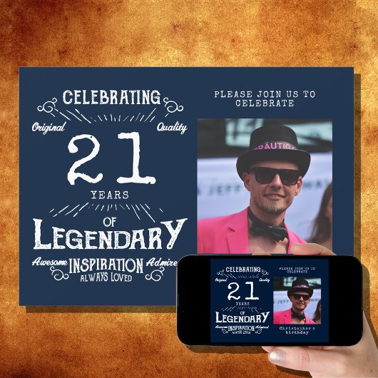 Invitation 21e anniversaire Photo Blue Vintage