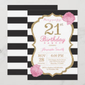 Invitation 21e anniversaire Pink Black Gold Floral (Devant / Derrière)