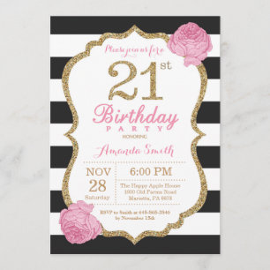 Invitation 21e anniversaire Pink Black Gold Floral