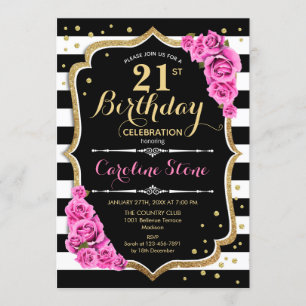 Invitation 21e anniversaire Pink Black White Strip