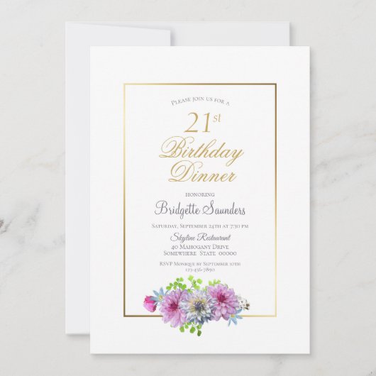 Invitation 21e anniversaire Pink Blue Floral Gold Dîner front (Devant)