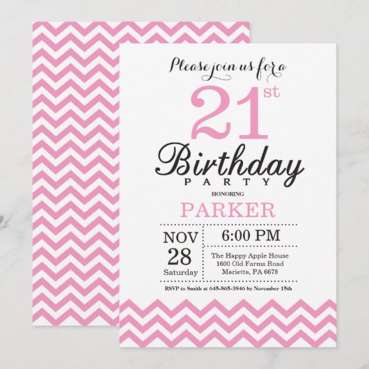 Invitation 21e anniversaire Pink Chevron (Devant / Derrière)