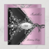 Invitation 21e Anniversaire Pink Elegant Argent Blanc (Devant / Derrière)