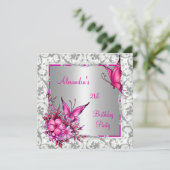 Invitation 21e anniversaire Pink Floral Papillon Argent Blanc (Debout devant)
