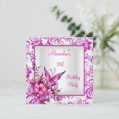 Invitation 21e anniversaire Pink Floral Papillon Argent Blanc (Debout devant)