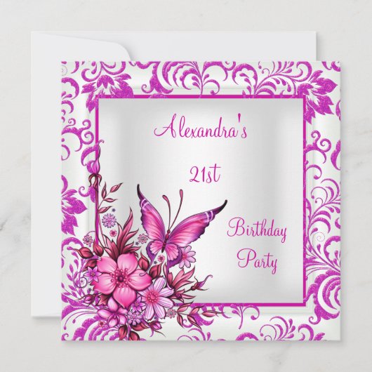 Invitation 21e anniversaire Pink Floral Papillon Argent Blanc (Devant)
