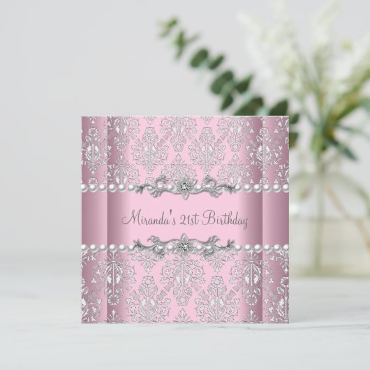 Invitation 21e Anniversaire Pink White Pearl Silver Lace (Debout devant)