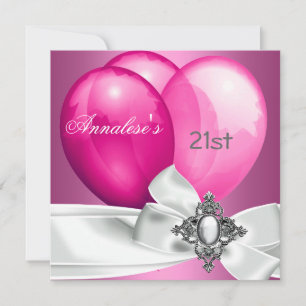 Invitation 21e Anniversaire Pink White Silver Bow Ballons