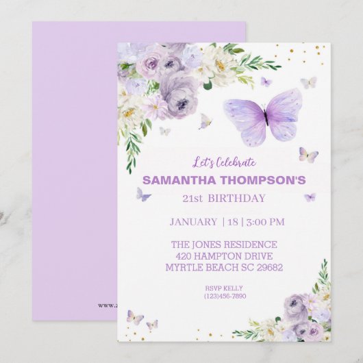 Invitation 21e Anniversaire Purple Gold Floral Papillon (Devant / Derrière)