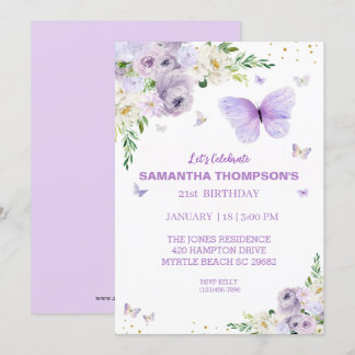 Invitation 21e Anniversaire Purple Gold Floral Papillon
