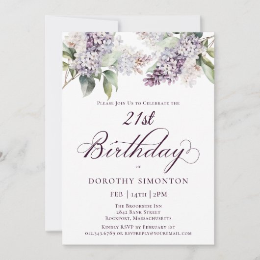 Invitation 21e anniversaire Purple Spring Lilac Fleur (Devant)