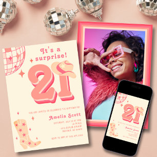 Invitation 21e anniversaire Retro Disco Cowgirl Photo Peach P