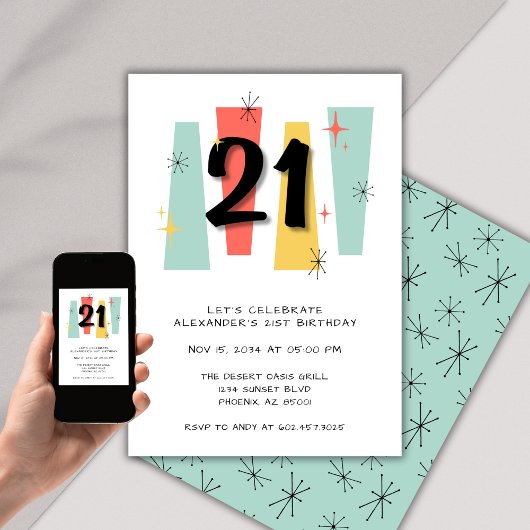 Invitation 21e Anniversaire Retro Midsiècle moderne coloré