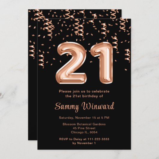 Invitation 21e Anniversaire Rose Ballons d'or avec Confetti (Devant / Derrière)