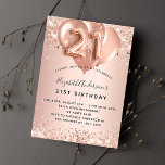 Invitation 21e anniversaire rose ballons d'or blush<br><div class="desc">Pour un 21ème anniversaire élégant. Un arrière - plan rose à l'apparence métallique. Décoré d'or rose, de faux glitte rose, de mousseux et de ballons. Personnalisez et ajoutez un nom, ainsi que les détails du parti. Le nom est écrit avec un script de style écrit à la main, numéro 21...</div>