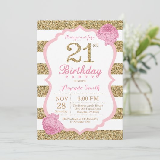 Invitation 21e anniversaire rose et or Floral (Debout devant)