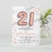 Invitation 21e anniversaire - Rose Gold Balloons effet marbre (Debout devant)