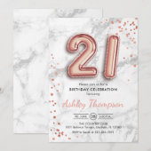Invitation 21e anniversaire - Rose Gold Balloons effet marbre (Devant / Derrière)