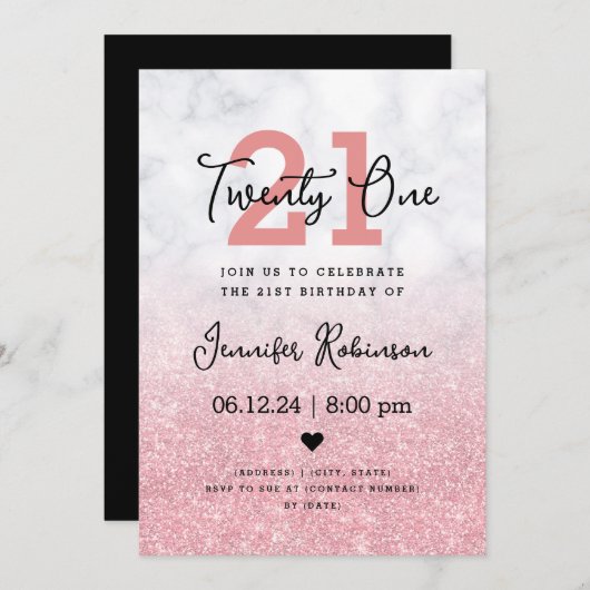 Invitation 21e Anniversaire Rose Gold Parties scintillant Mar (Devant / Derrière)