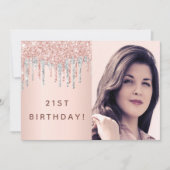 Invitation 21e anniversaire rose or parties scintillant photo (Devant)