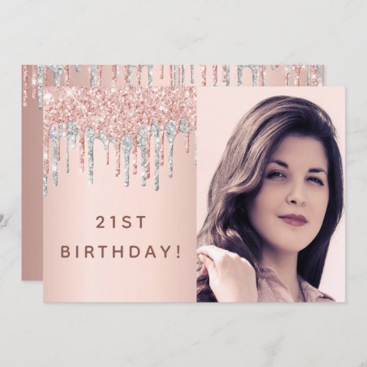 Invitation 21e anniversaire rose or parties scintillant photo (Devant / Derrière)