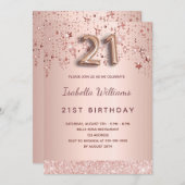 Invitation 21e anniversaire rose or rose étoiles script ballo (Devant / Derrière)