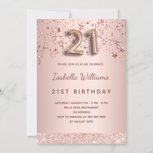 Invitation 21e anniversaire rose or rose étoiles script ballo (Devant)