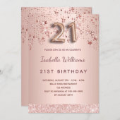 Invitation 21e anniversaire rose or rose étoiles script ballo (Devant / Derrière)