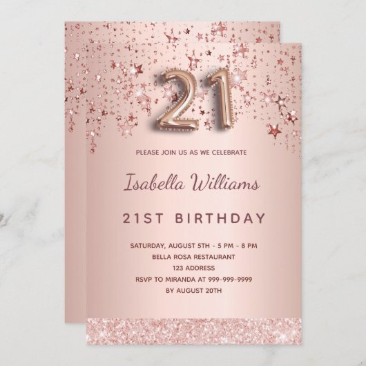 Invitation 21e anniversaire rose or rose étoiles script ballo (Devant / Derrière)