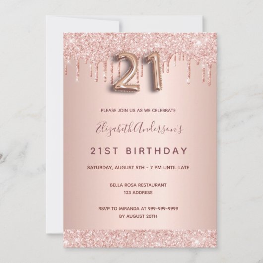 Invitation 21e anniversaire rose parties scintillant or goutt (Devant)