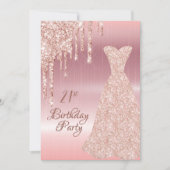 Invitation 21e anniversaire rose robe or parties scintillant  (Devant)