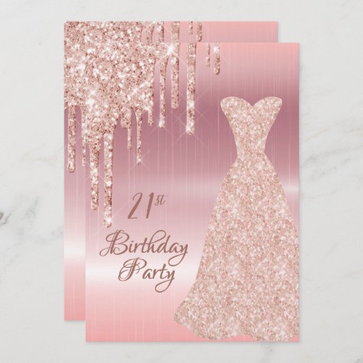 Invitation 21e anniversaire rose robe or parties scintillant  (Devant / Derrière)